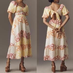 English Factory 100% Cotton Sweetheart Neckline Open Back Eyelet Midi Dress -SM